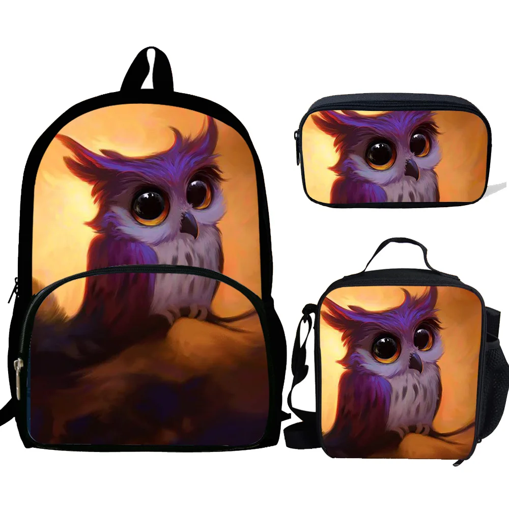 

3pcs/set Owl Anime Print School Bags For Teen Girls&boys Backpack Cartoon Pattern Bookbag Lovely Satchel