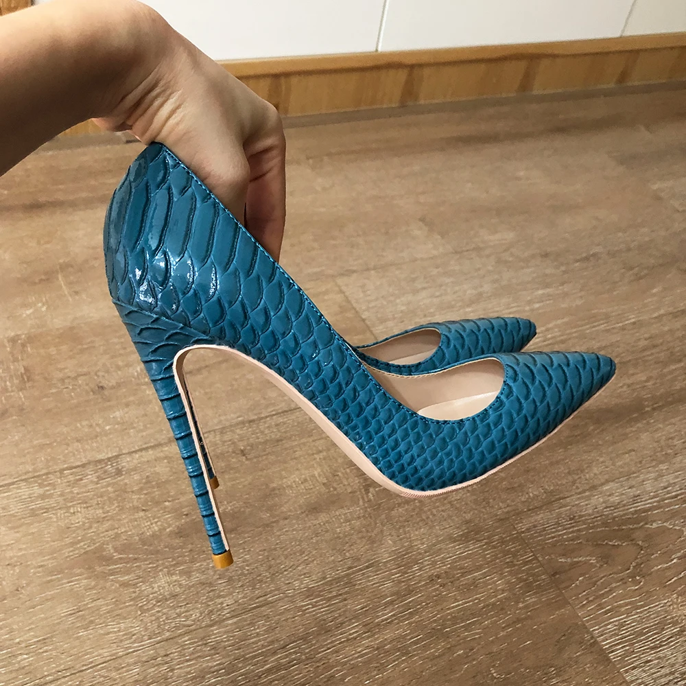 Veowalk décolleté a spillo Sexy con punta a punta da donna blu effetto Croco 8cm 10cm 12cm scarpe da festa con tacco alto sottile misura grande 43