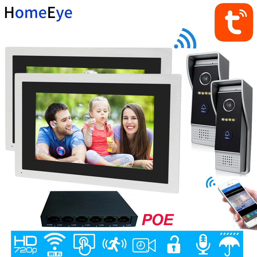 TuyaSmart Life APP Remote Unlock WiFi Video Door Phone IP Video Intercom 10'' Touch Screen 2 Doors Home Access Control System