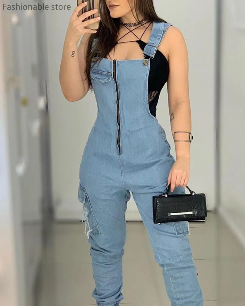 Wanita Denim Jumpsuits Overall Panjang Romper Zip Depan Suspender Celana Jeans Tebal Tali Jumpsuit