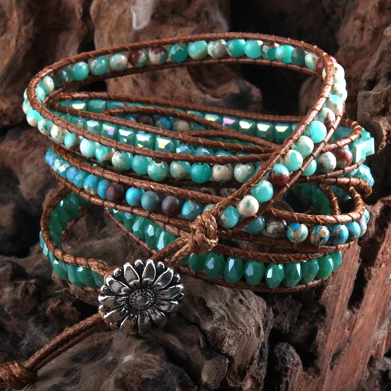 New Fashion Boho Bracelet  Blue Natural Stones Grass Amazonite Charm 5 Strands Woven Wrap Bracelets Gift