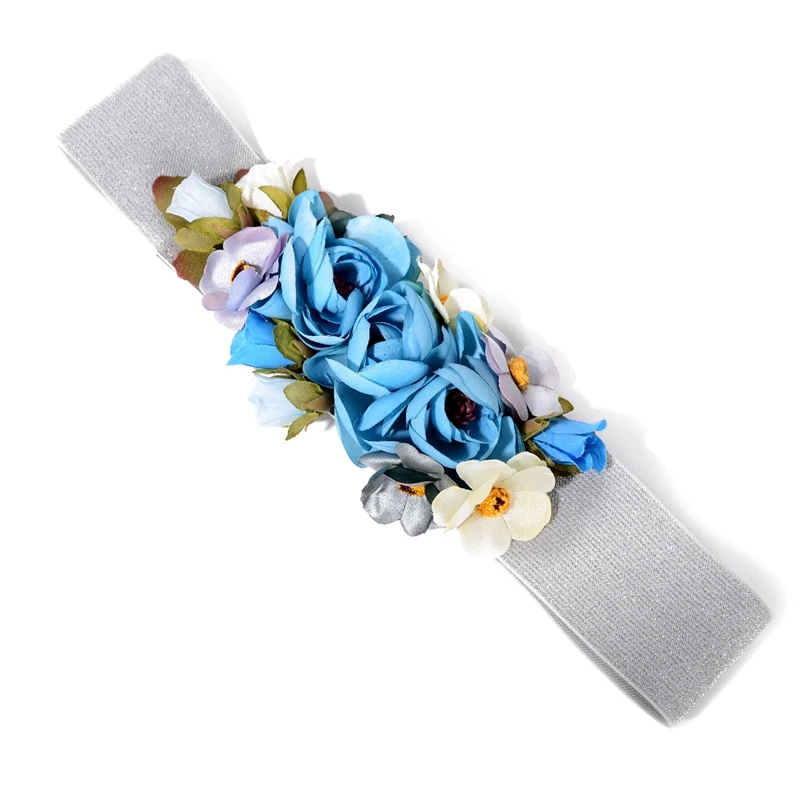 Luxury Sweet Colorful Flower Buckle Elastic Fabric Waistband Wide Belt Women Girls Elegant Stretch Belly Chains Accessories