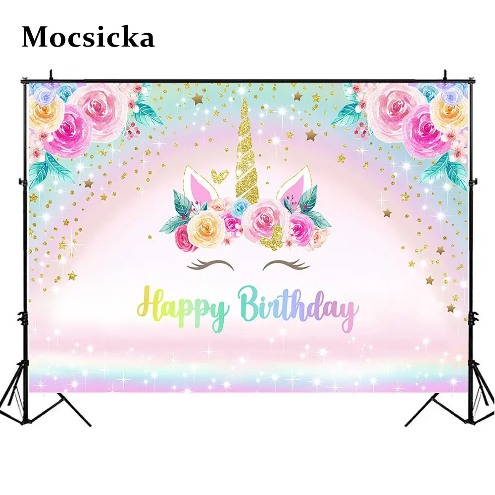 

Mocsicka Photography Background Unicorn Colorful Flowers Stars Children Happy Birthday Decoration Backdrop Photocall Photoshoot