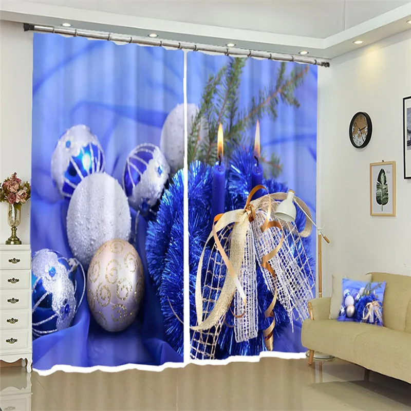 Blue Christmas Ball 3d Digital Printing Stereo Cutoff Curtains Custom Size High Precision Door Curtain Drapes