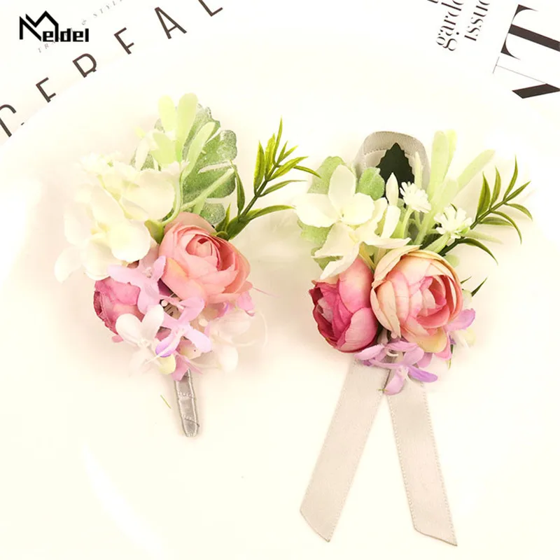 Meldel งานแต่งงาน Boutonniere Corsage Pins ดอกไม้ Boutonniere เจ้าบ่าวแต่งงาน Corsage สร้อยข้อมือสำหรับงานแต่งงานอุปกรณ์เสริม