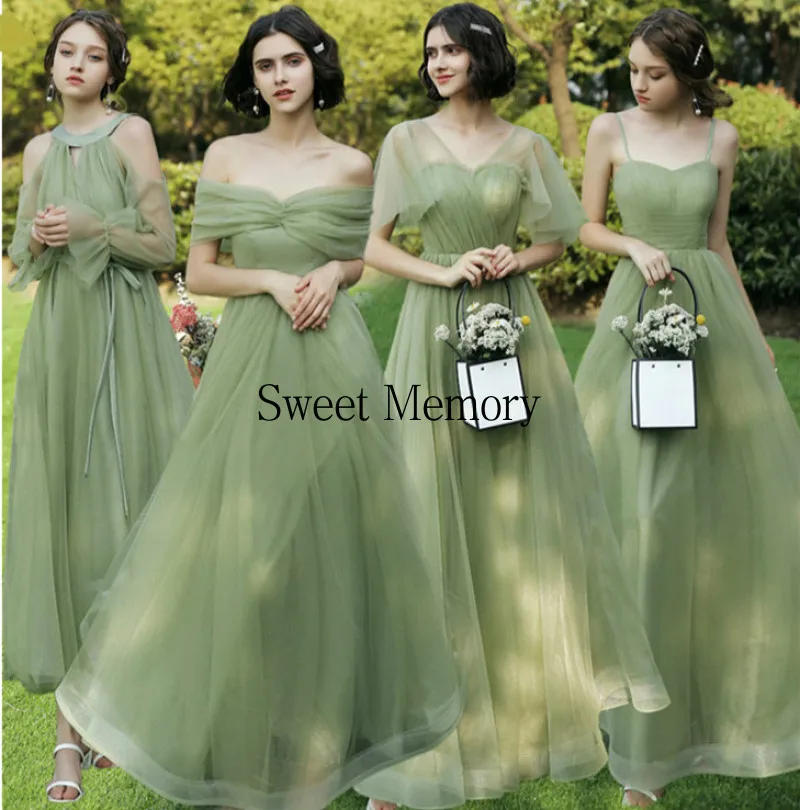 Customized Long Green Bridesmaid Dresses Light Tulle Robe Marriage Wedding Party Prom Graduation Gown Lace Up Women Dresses