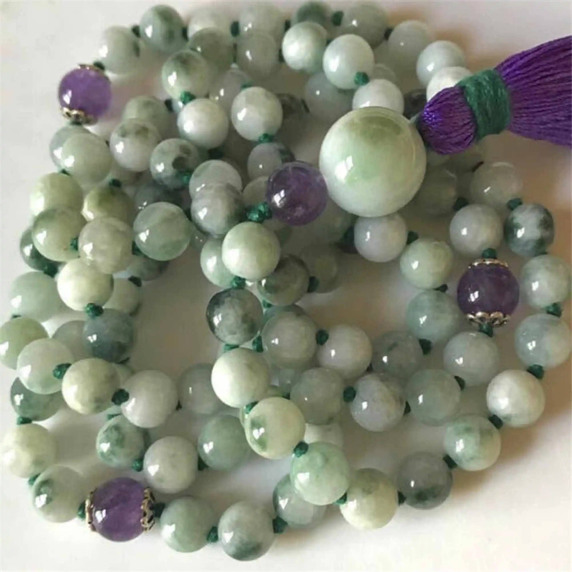 8mm natural Green jade 108 Knot Mala gemstone necklace Classic Minimalist Prayer Gift Stone Gemstone Choker Opera length Layered