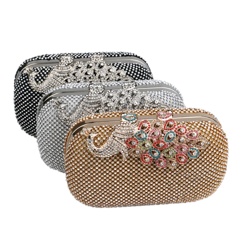 Bolso de noche de cristal de pavo real para mujer, bolso de mano con cadena y diamantes de imitación, MINI soporte para fiesta