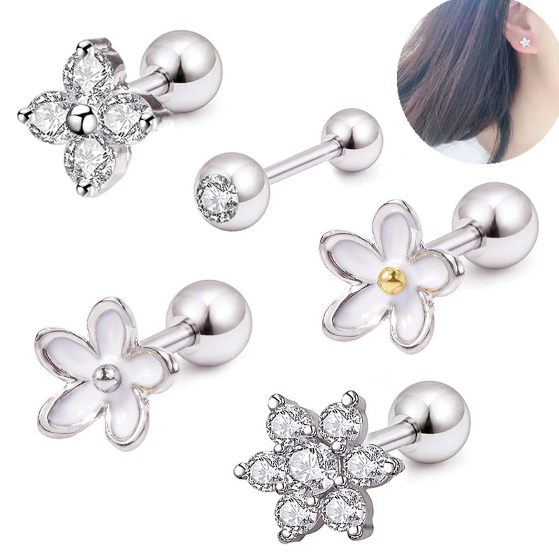 

1PC Stud Earrings for Women Flower Tragus Cartilage Earring Set Zircon Stainless Steel Helix Crystal Piercing Body Jewelry 16G