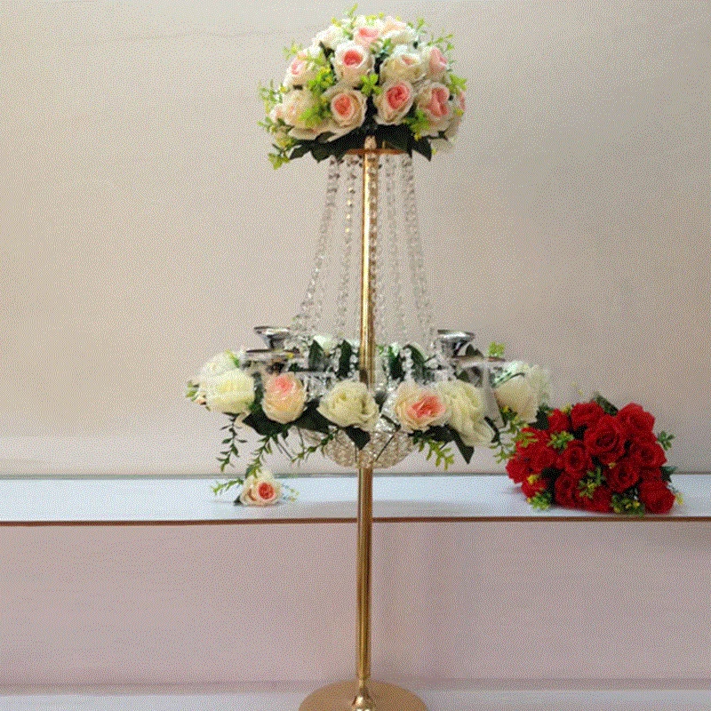 H100cm 10pcs  Crystal Acrylic Pendant Event Party Decor Props Tall Gold Flower Stand Backdrop Stand Candelabra0986