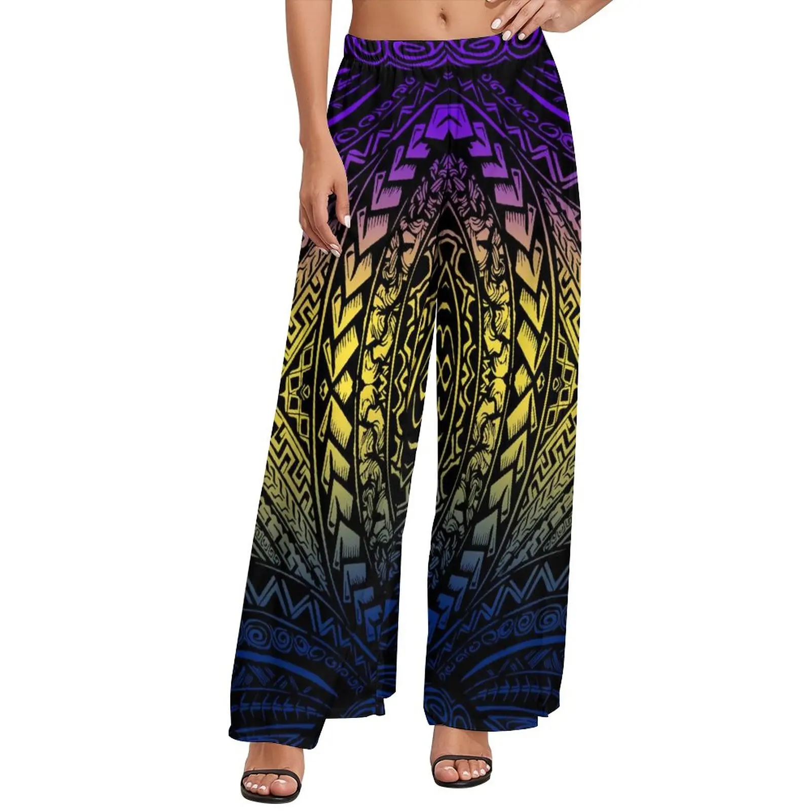 

Factory Outlet Lady Cropped Pants Custom Polynesian Tribal Rasta Color Background Stripe Prints Retro Soft Wide Leg Pants 1 MOQ