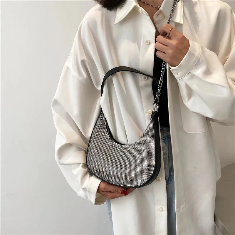 Women Diamond Hobo-Bag For 2021 Female Chain Clutch Design Brand Luxury Shoulder Bags Handbag Shiny Hobo-Bag Messenger Bag