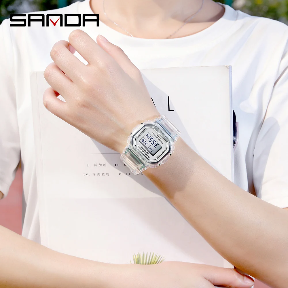 Sanda2019 relógio esportivo feminino fashion pulseira transparente relógio digital led relógio eletrônico feminino