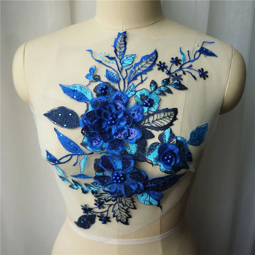 Royal Blue 3D Flower Lace Fabric Sequin Beads Rhinestone Embroidered Gown Appliques Sew Patch For Wedding Decoration Dress DIY