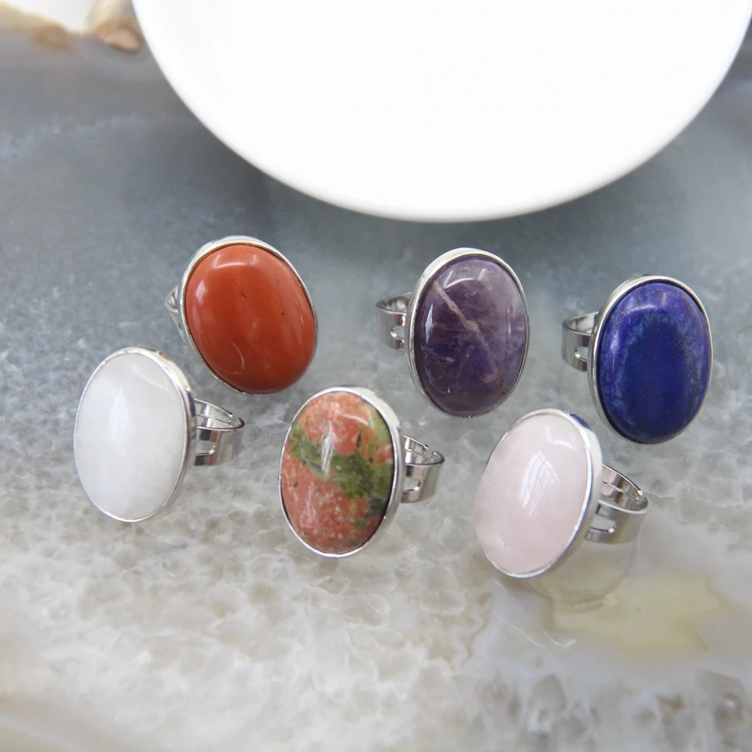 Oval Natural Quartz Amethyst Crystal Adjustable Rings,Cabochon Healing Energy Gems Rings Jewelry Gift,Women\'s Party Finger Rings