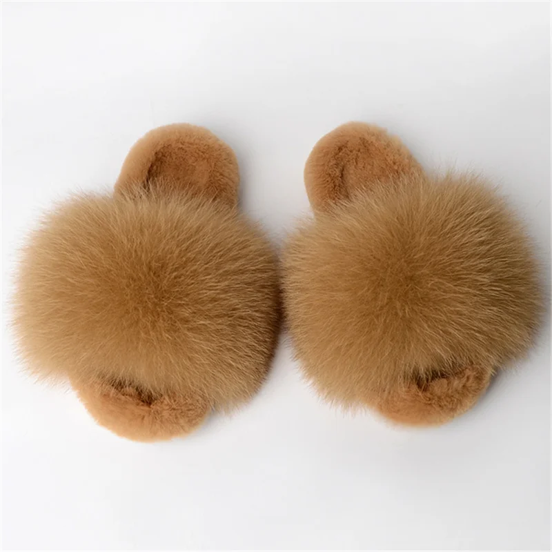 Summer Real Fox Fur Slippers,Cute And Soft Women\'s Shoes, Household Sandals,Warm Fur Flip-Flops,Fluffy Indoor Shoes ,Fur Sandals