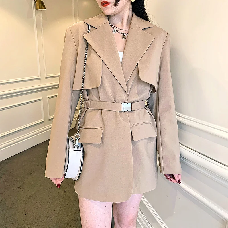 

Elegant Designer Blazer Women New Spring Autumn Casual Sashes Slim Trench Coat England Style Office Lady Khaki Outerwear S-L