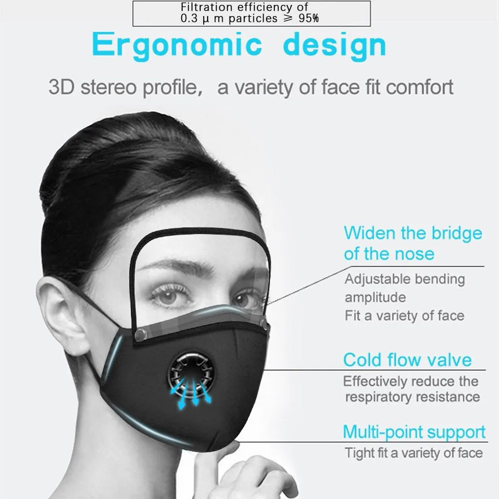 Reusable Washable Face Masks with10 Replaceable Pm2.5 Filter Mouth Mask Dust Windproof Cotton Valve Respirator with Goggles Mask