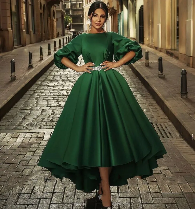 

Modest Green Satin Dubai Prom Dresses Bateau Neck Puff Sleeve Evening Party Gowns High Low 2022 Vestidos Fiesta Robe De Soiree