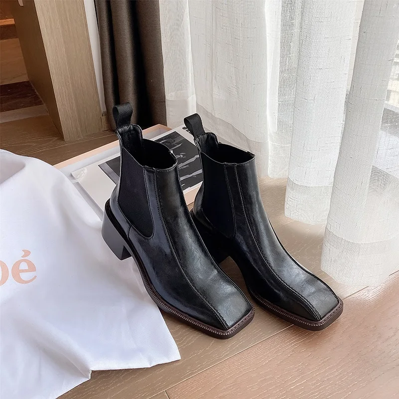 Women ankle Boots Cowhide natural leather plus size 22-26.5cm women shoes Europe and America Square toe chunky Chelsea boots