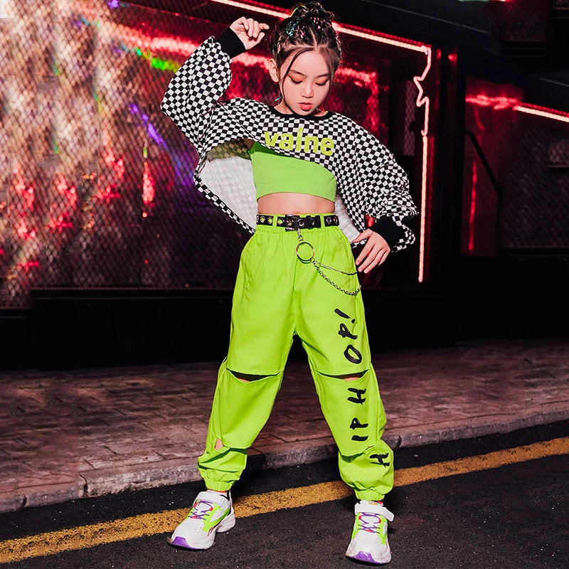 Girls Hip Hop Clothing Jazz Costume Lattice Tops Fluorescent Green Pants Modern Show Outfit Rave Hip Hop Clothes Kids Wear L5299