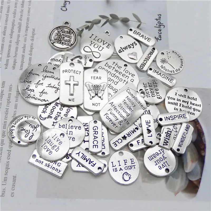 Julie Wang 20PCS Inspirational Words Charms Random Mixed Alloy Letter Tag Pendants Antique Silver Color Jewelry Making Accessory