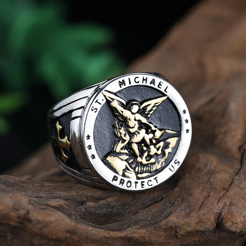 Stainless Steel St-Michael Men Rings Good Talisman Religious Aesthetic Biker Ring for Men Boy Fashion Anel Party Gift