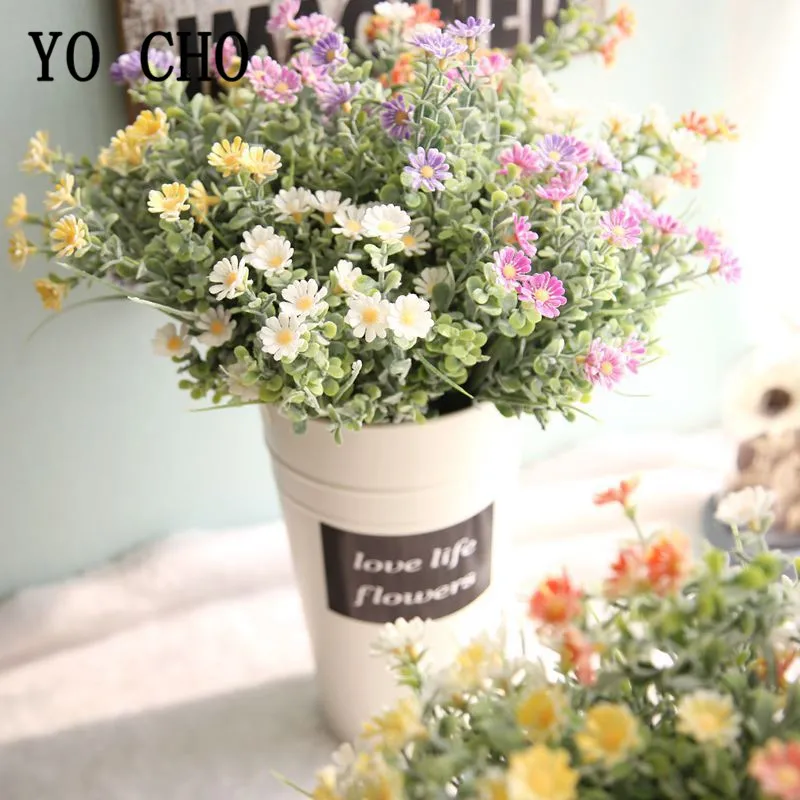 YO CHO Mini Bouquet Flocking Daisy Artificial Flower Fake Gerbera Wedding Girl Purple Flower Home Party Wedding Table Decoration