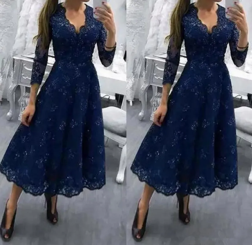 

Navy Blue V Neck Modest Tea Length Plus Size Mother of the Bride Dress 3/4 Long Sleeves Wedding Party Gowns Lace Formal Guest