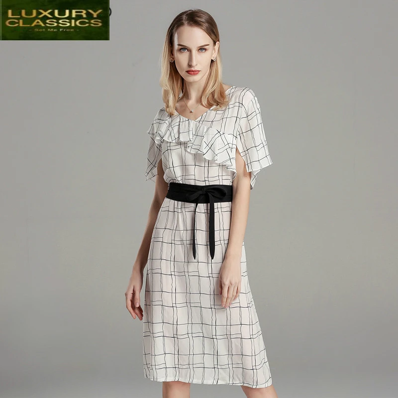 

Dress Silk 100% Real Women Summer Dress Elegant Plaid White Ladies Dresses V Neck Midi Ruffle Vestidos De Fiesta LWL1834