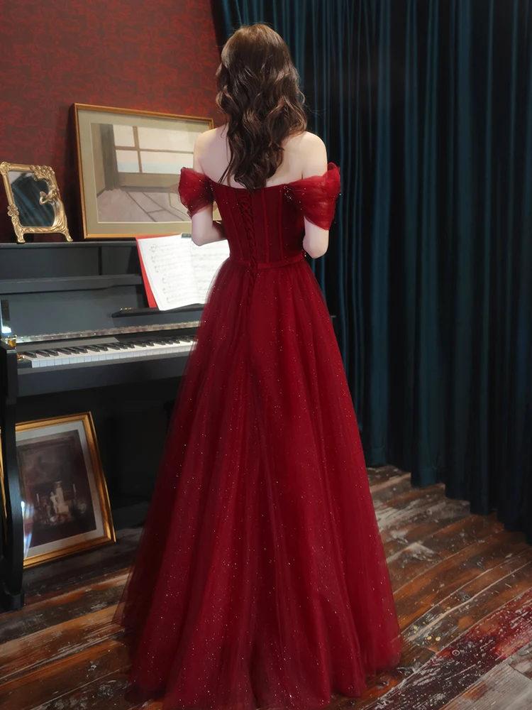 Customized Elegant Banquet Wine Red Evening Dress for Bride Boat Neck A-line Floor-length Long Formal Gown Vestidos De Noche