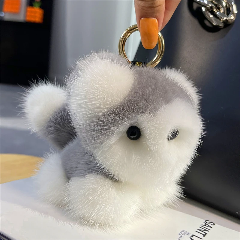 Plush Real Mink Fur Keychain Cute Puppy Women Handbag Charm Pendant Ornament Car Key Metal Ring Trinkets Toy Dog Birthday Gift