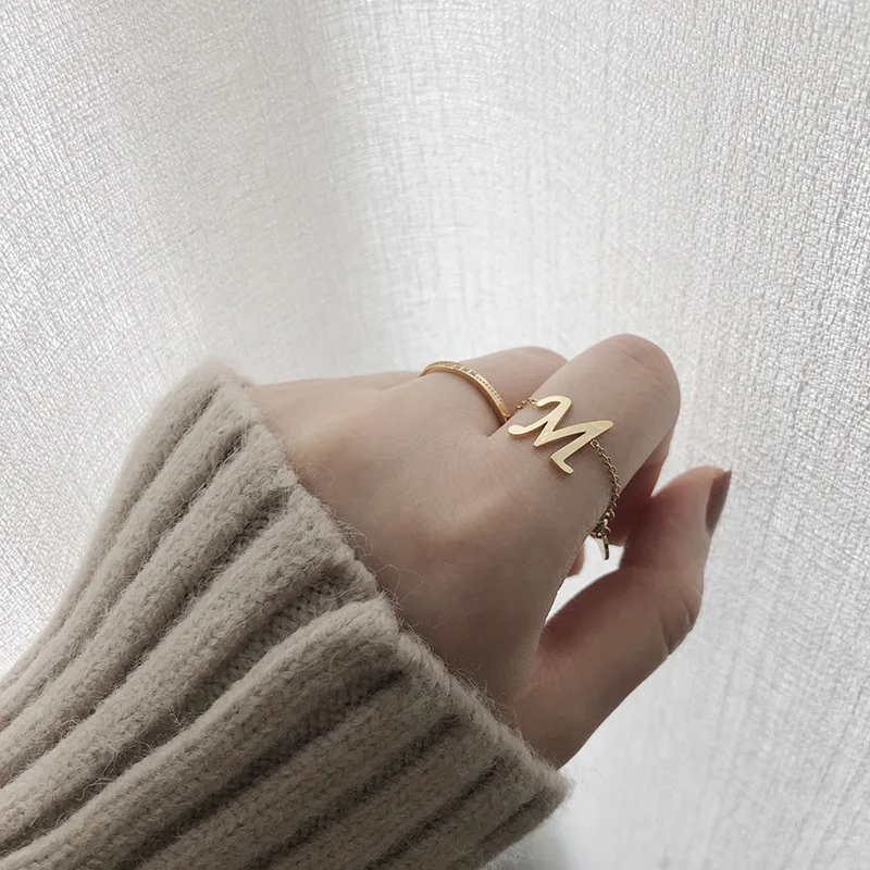 New Personality 316L Stainless Steel Pull Chain M Letter Ring Female Gold Plated Adjustable Ring for Women Girls Jewelry