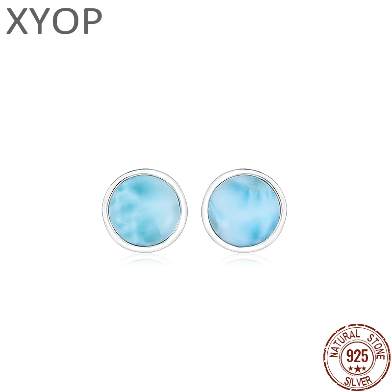 2021 Simple Fashion Geometric Round Charm 925 Sterling Silver Jewelry Gift Classic Natural Precious Larimar Earrings for Women