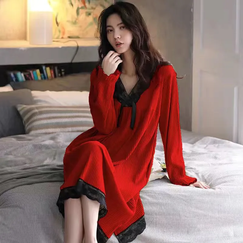 

Fdfklak Sexy Lace Spring Autumn Night Dress Women New Cotton Warm Sleepwear Nightgown Long Sleeve Loose Ladie's Nightshirt 3XL