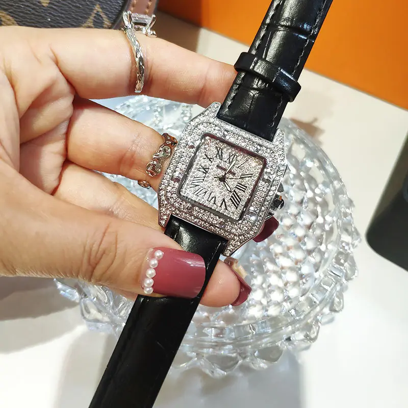 Top Brand Luxury Watch Women Quartz Waterproof Fully Diamond Ladies Watch Silver Square Couple Watches With Rhinestone