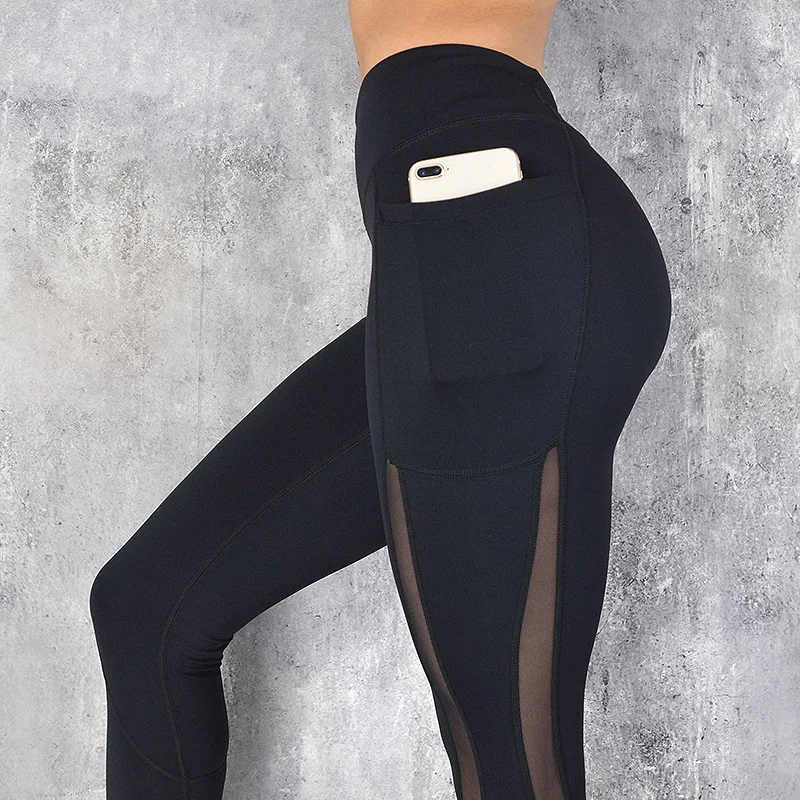 Fashion Women Side Pocket Design Net Gauze Splice Running Yoga Pants GYM High Waist Stretchy Fitness Leggings