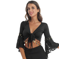 Women Bolero Short Jacket Belly Dance Costume Flared Sleeves Knot Shawl Cardigan Sparkle Beads Tassel Belly Dance Top Dancewear