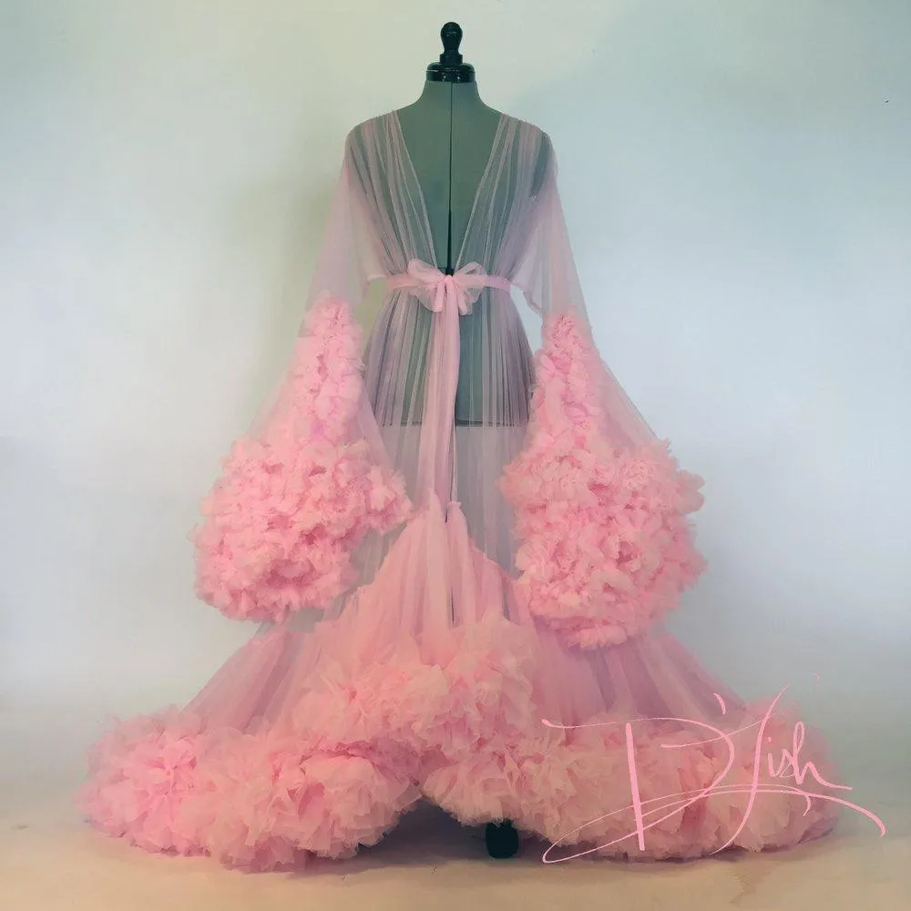 

Sexy Sheer Long Robe with sash Bridal Boudoir Robe Pink Tulle Illusion Long Birthday Robe Holiday Party Costume