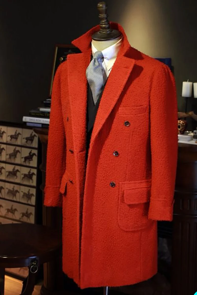 Orange Tweed Wool Men Long Coat Winter Warm Two Button Groom Party Prom Jacket Business Wear Outfit One Suit