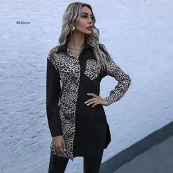 Turndown Collar Leopard Color Block Long Shirt Women Spring Long Sleeve Button Up Casual Blouse Without Belt