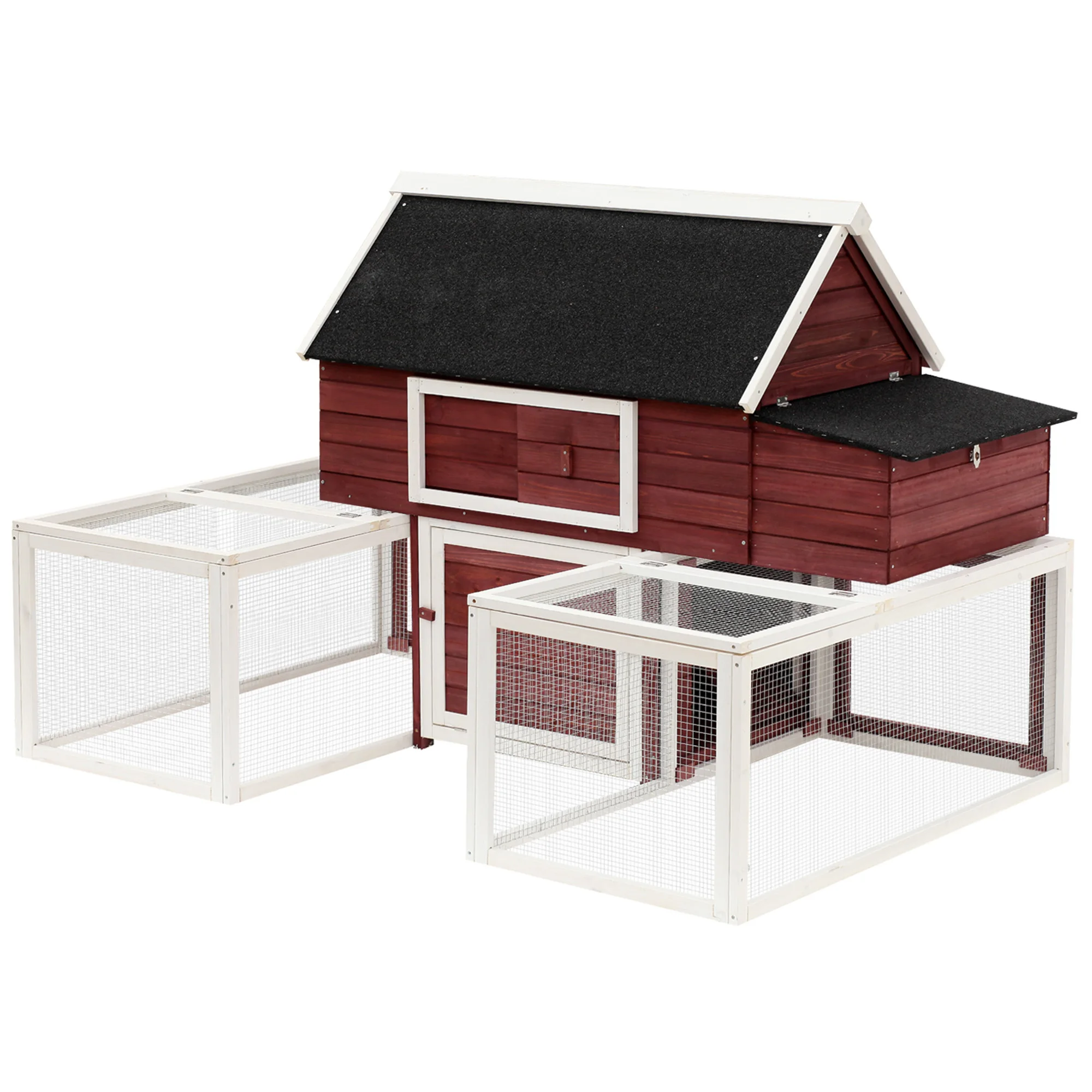 PawHut wooden chicken coop with 2 customizable running enclosures and nest box ramp roof asphalt 290x71x119 cm red