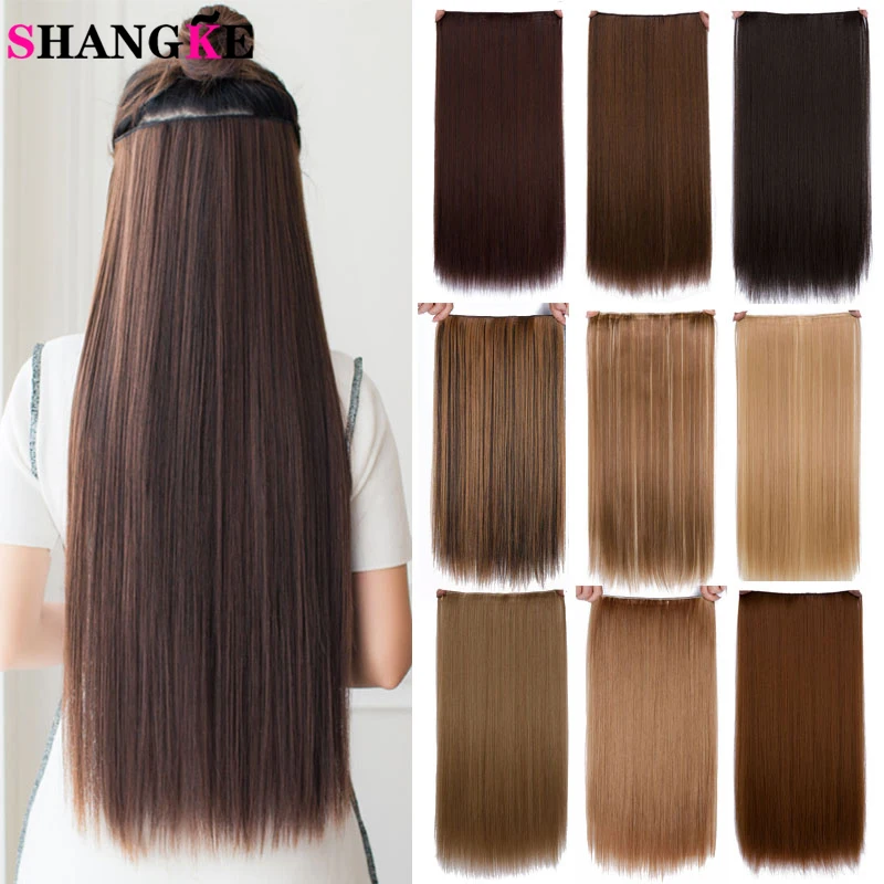 SHANGKE Synthetic 24-Inch Straight Clip in Hair Extensions Heat Resistant Wavy Hairpiece High Temperature Fiber False Hair