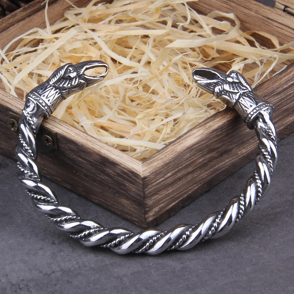 Stainless Steel Nordic Viking Norse Raven Bracelet Men Wristband Cuff Bracelets with viking wooden box