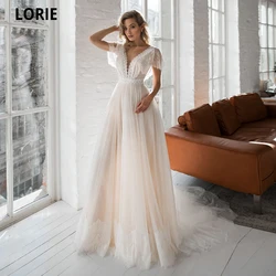 LORIE-Robe de mariée bohème à manches cape, appliques en dentelle, tulle à pois champagne, col en V, dos nu, fête de mariage sur la plage, quoi que ce soit