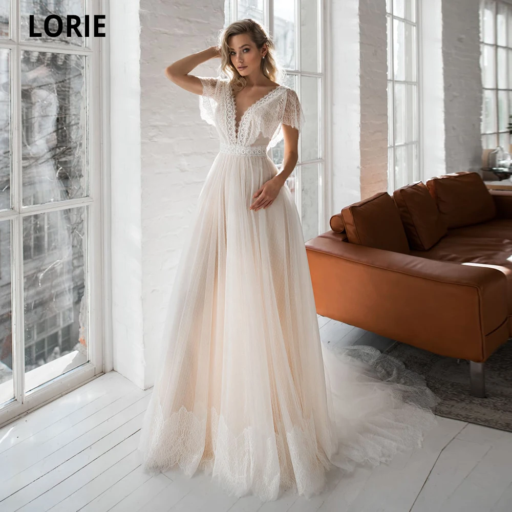 LORIE Cap Sleeve Boho Wedding Dresses Lace Appliques Champagne Dot Tulle Bride Gowns V-neck Backless Beach Wedding Party Gowns