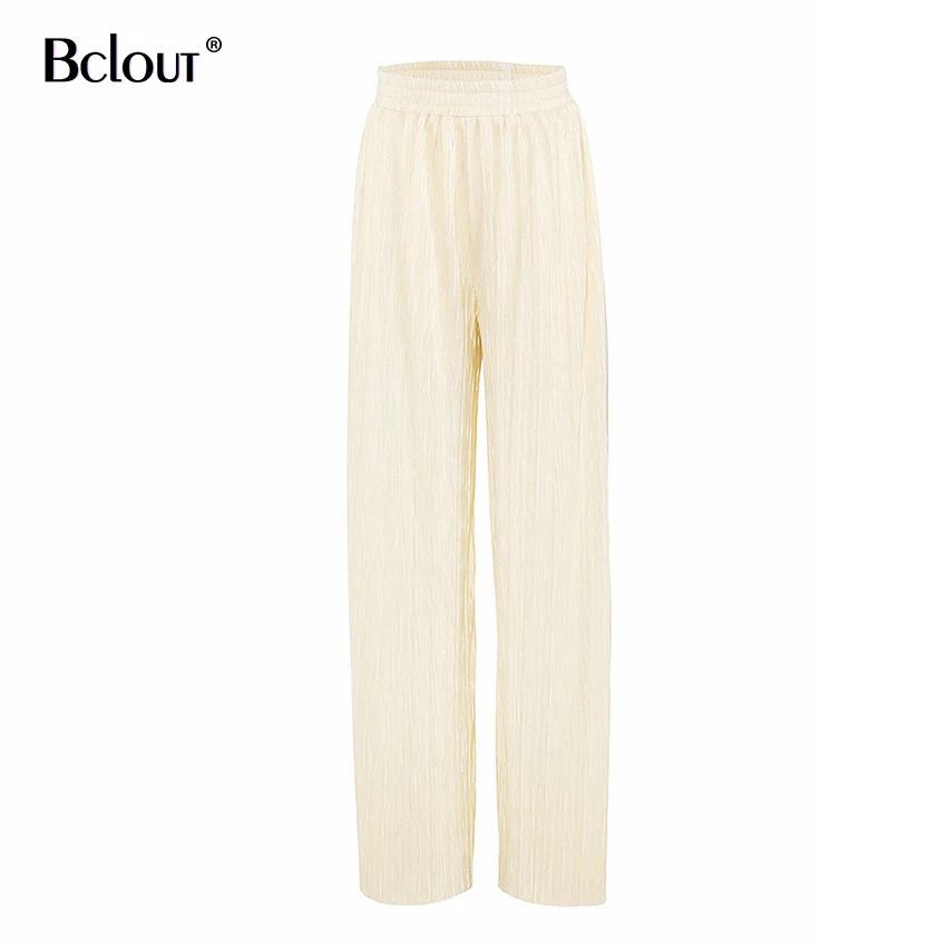 Bclout 2021 Elegant Khaki Slim Long Pants Female High Waist Trousers Women Casual Pleated Wide Leg Pants Trousers Spring Autumn