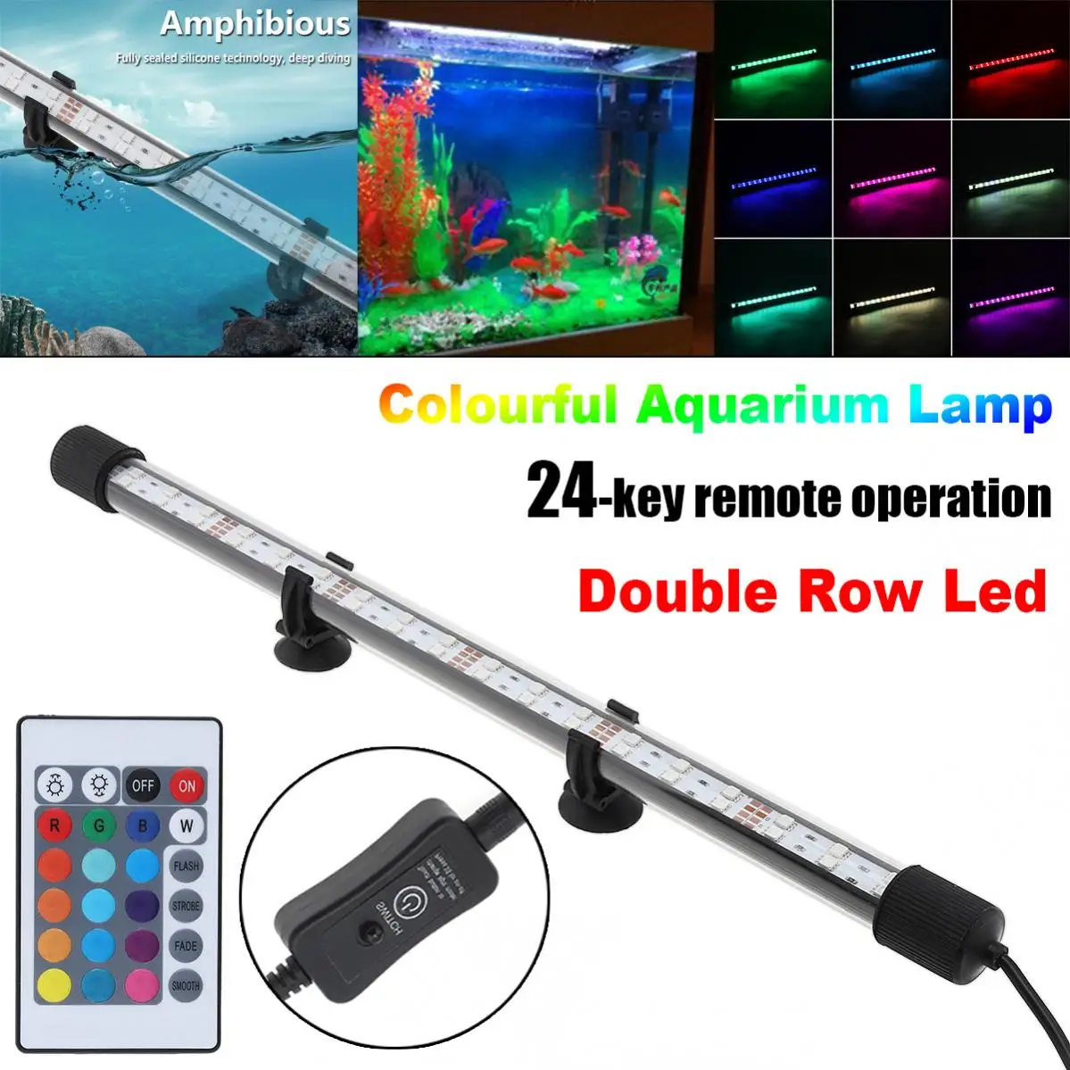 RGB Aquarium Light IP68 Waterproof Fish Tank Lights T8 Double Row Super Bright Underwater Light with Remote Control