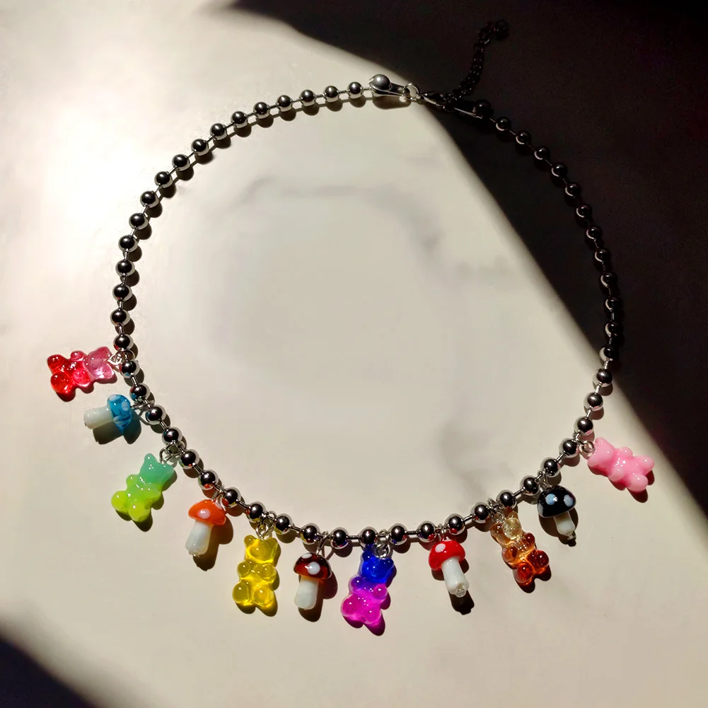 Stainless steel Ball Link Chain Necklace for Women Cute Gummy Bear Mushroom Pendant Silver Color Necklaces Punk Handmade Jewelry