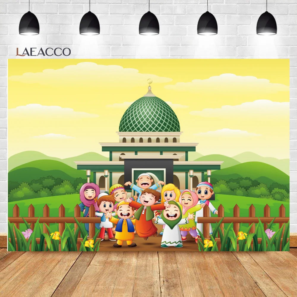 

Laeacco Cartoon Outdoor Muslim Gathering Mosque Islam Photocall Backdrops Baby Child Poster Customized Photography Backgrounds